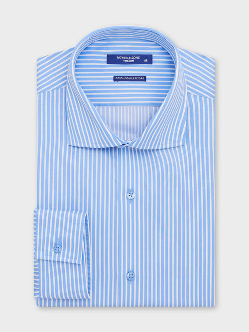 Chemise non-iron Slim en coton façonné blanc à rayures bleu azur - Father & Sons   -  