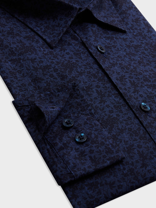 Chemise Slim en popeline de coton bleu indigo à motif fleuri - Father & Sons   - 3 