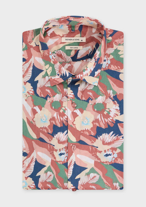 Chemise sport Slim en popeline de coton bleu marine à motif fleuri rose, vert et beige - Father & Sons   - 1 