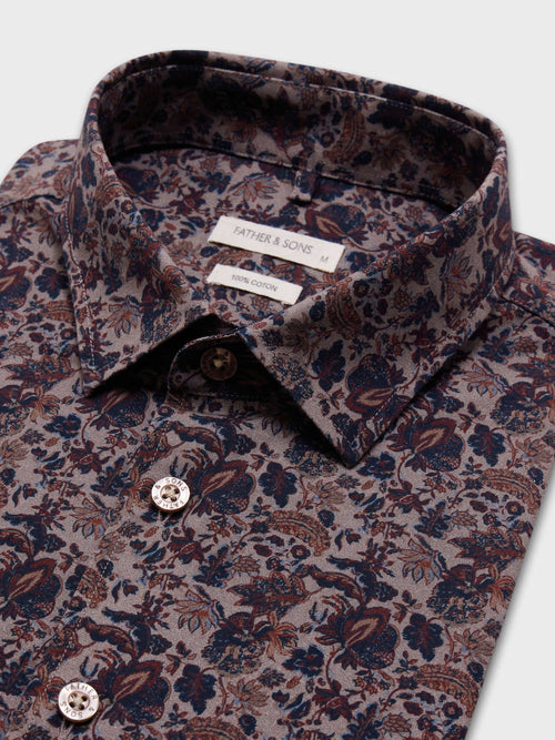 Chemise Slim en popeline de coton marron à motif fleuri - 2 - Father & Sons   - 12 