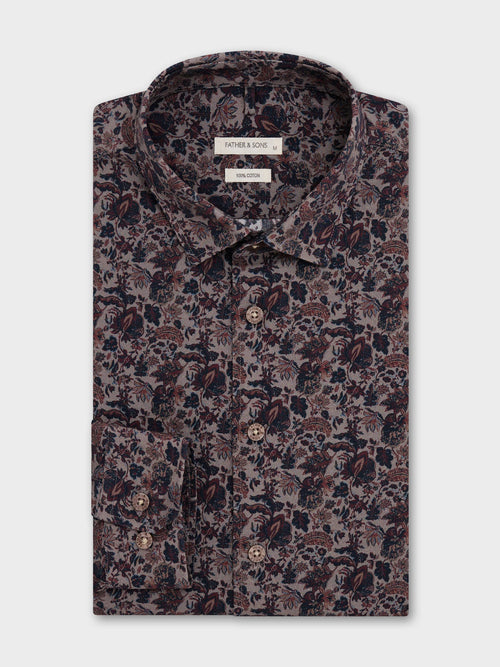 Chemise Slim en popeline de coton marron à motif fleuri - 1 - Father & Sons   - 12 