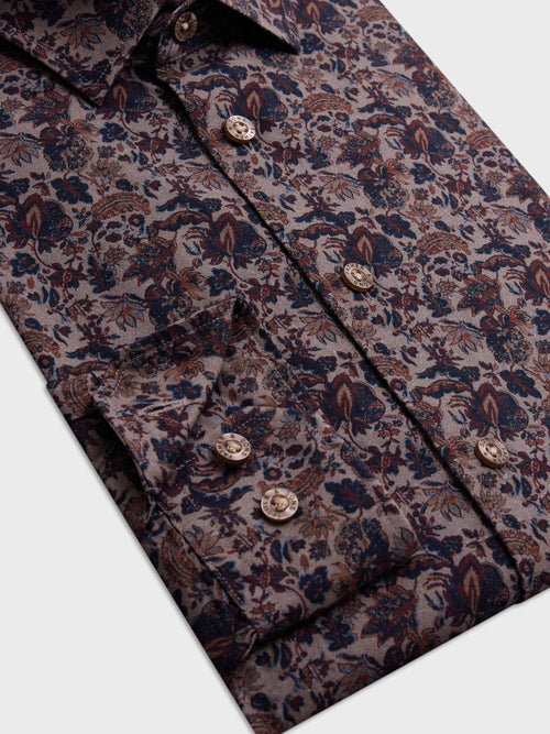 Chemise Slim en popeline de coton marron à motif fleuri - Father & Sons   - 3 