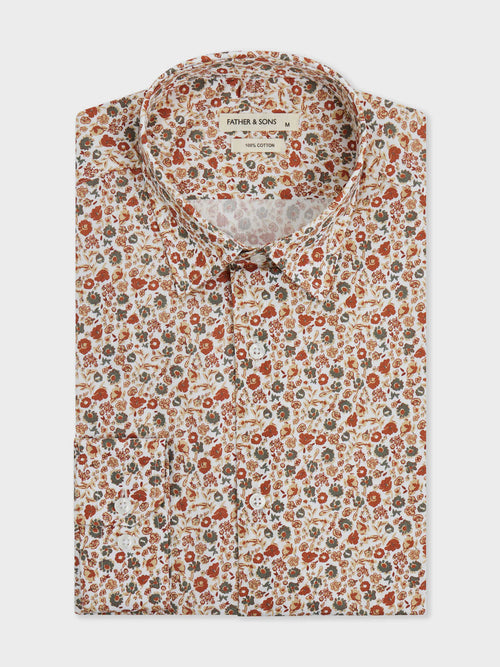 Chemise Slim en popeline de coton à motif fleuri terracotta - Father & Sons   - 1 