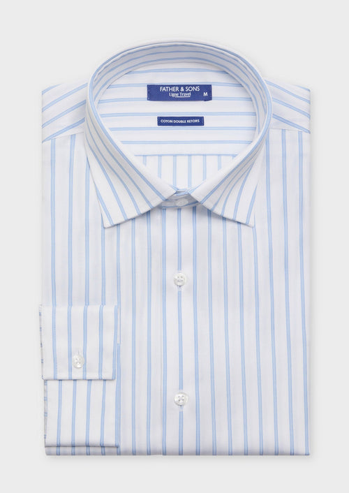 Chemise habillée non-iron Slim en coton Jacquard blanc à rayures bleu ciel - 1 - Father & Sons   - 4 