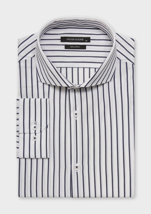 Chemise habillée Slim en popeline de coton blanc à rayures bleu marine - Father & Sons   - 1 