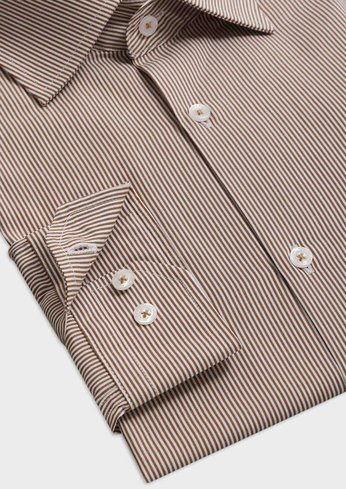 Chemise habillée Slim en popeline de coton blanc à rayures taupe - Father & Sons   - 3 