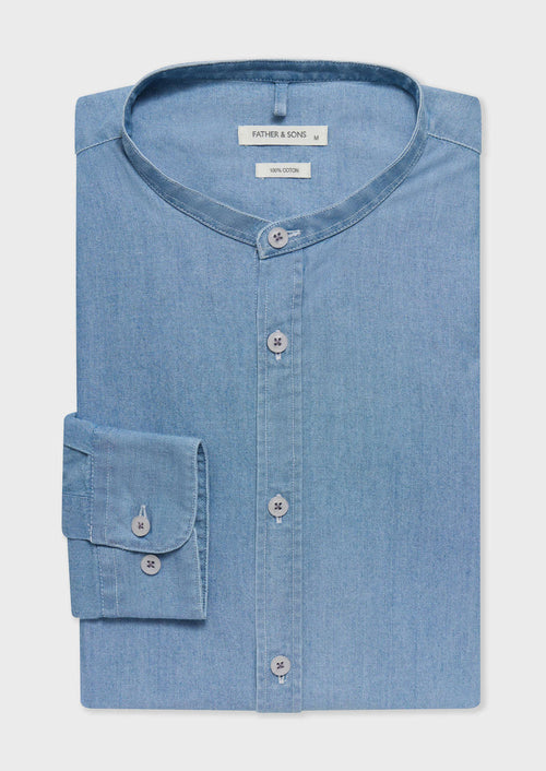 Chemise Slim en coton oxford bleu azur à col officier - 1 - Father & Sons   - 3 