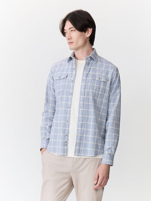 Chemise regular en popeline de coton bleu à carreaux - Father & Sons   - 4 