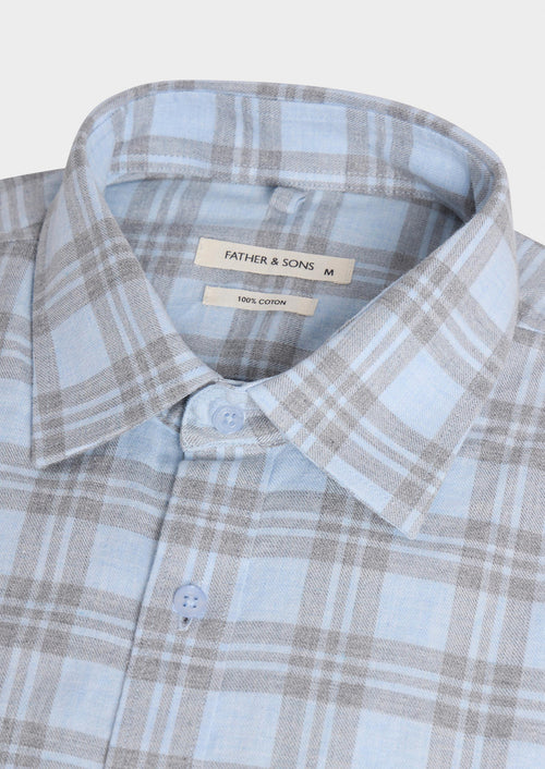 Chemise regular en popeline de coton bleu ciel à carreaux - 2 - Father & Sons   - 3 