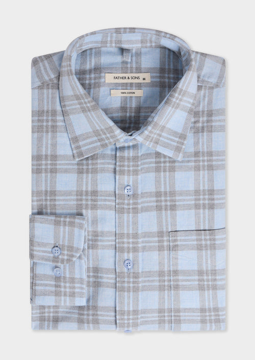 Chemise regular en popeline de coton bleu ciel à carreaux - 1 - Father & Sons   - 3 
