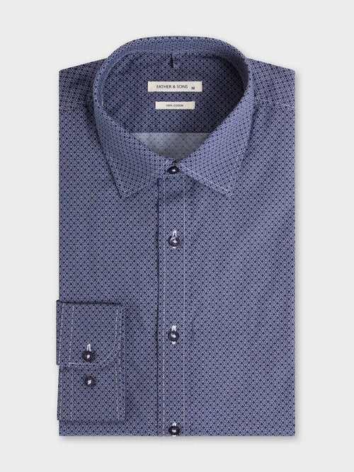 Chemise regular en popeline de coton bleu indigo à motif - 1 - Father & Sons   - 2 