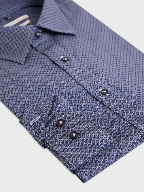 Chemise regular en popeline de coton bleu indigo à motif - Father & Sons   - 3 