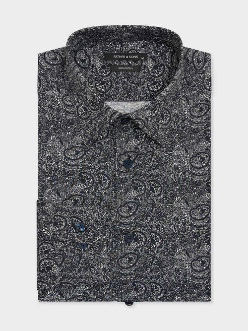 Chemise regular en popeline de coton bleu marine à motif cachemire - 1 - Father & Sons   - 9 