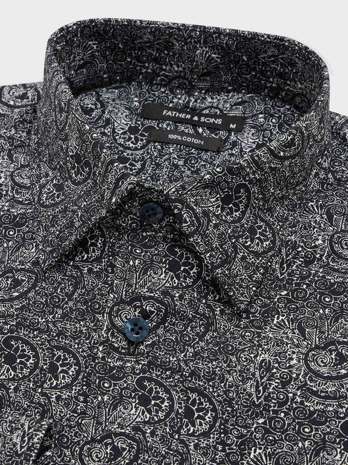 Chemise regular en popeline de coton bleu marine à motif cachemire - 2 - Father & Sons   - 9 