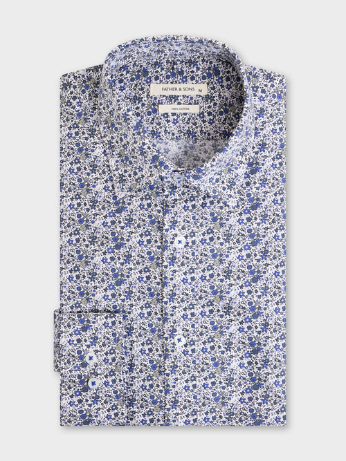Chemise regular en popeline de coton à motif fleuri bleu - Father & Sons   - 1 