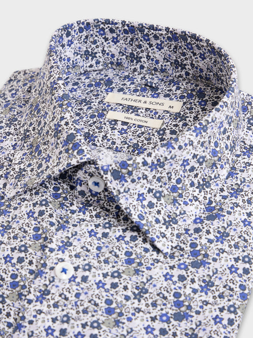 Chemise regular en popeline de coton à motif fleuri bleu - Father & Sons   - 2 