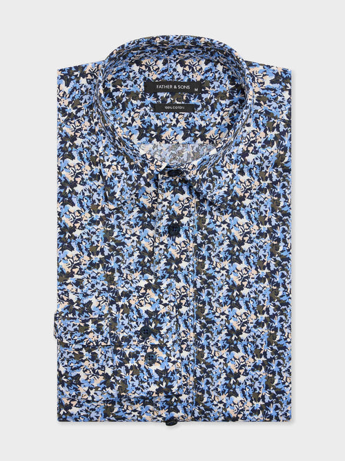 Chemise regular en popeline de coton bleu indigo à motif fleuri - 1 - Father & Sons   - 8 