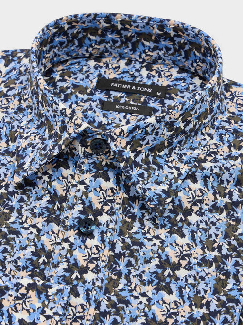 Chemise regular en popeline de coton bleu indigo à motif fleuri - 2 - Father & Sons   - 8 