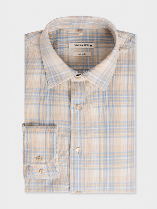 Chemise regular en velours côtelé beige à carreaux bleu - 1 - Father & Sons   - 20 