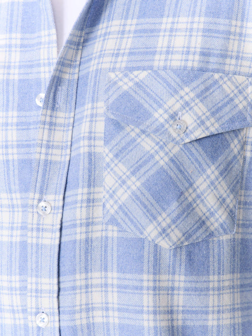Chemise regular en popeline de coton mélangé bleu à carreaux - Father & Sons   - 7 