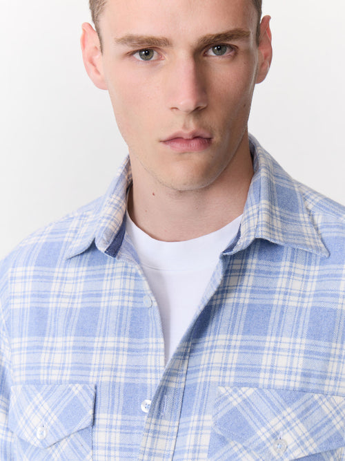 Chemise regular en popeline de coton mélangé bleu à carreaux - Father & Sons   - 6 