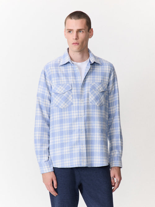 Chemise regular en popeline de coton mélangé bleu à carreaux - 1 - Father & Sons   - 3 
