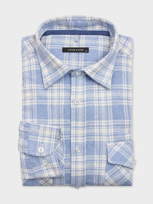 Chemise regular en popeline de coton mélangé bleu à carreaux - 1 - Father & Sons   - 15 