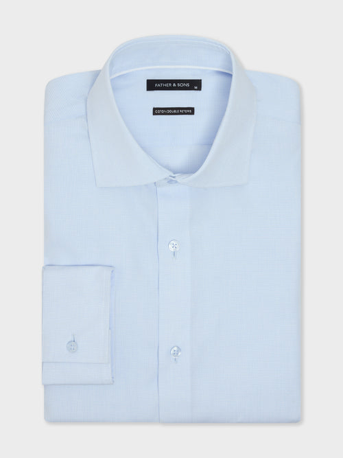 Chemise non-iron et anti-tâche slim en popeline de coton bleu ciel à carreaux - 1 - Father & Sons   - 7 