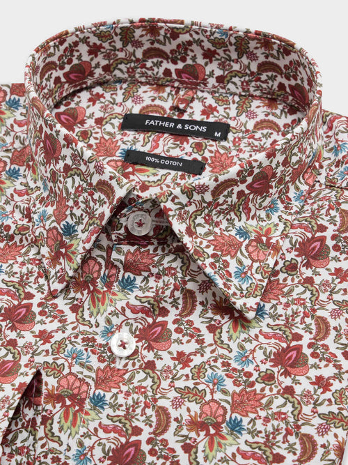 Chemise slim en popeline de coton à motif fleuri bordeaux - 2 - Father & Sons   - 20 