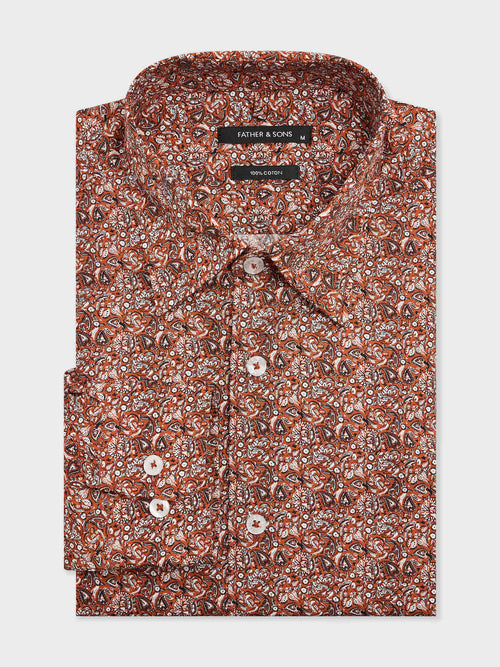 Chemise slim en popeline de coton rouge à motif cachemire - 1 - Father & Sons   - 2 