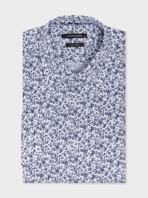 Chemise slim en popeline de coton à motif fleuri bleu - 1 - Father & Sons   - 4 