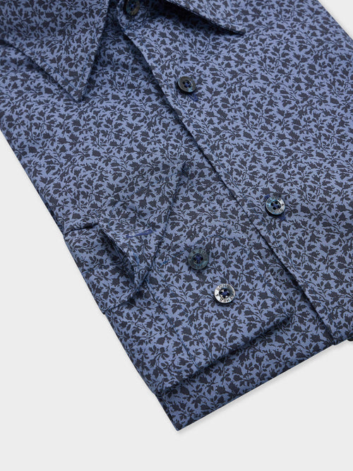 Chemise slim en popeline de coton bleu indigo à motif fleuri - Father & Sons   - 3 