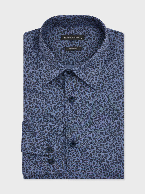 Chemise slim en popeline de coton bleu indigo à motif fleuri - 1 - Father & Sons   - 8 