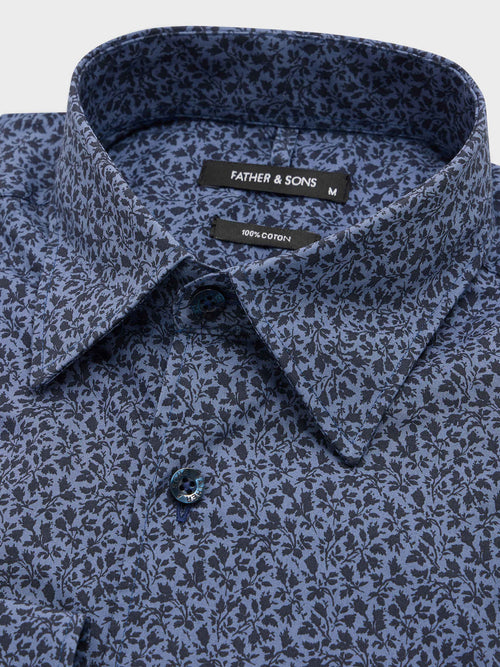 Chemise slim en popeline de coton bleu indigo à motif fleuri - 2 - Father & Sons   - 8 