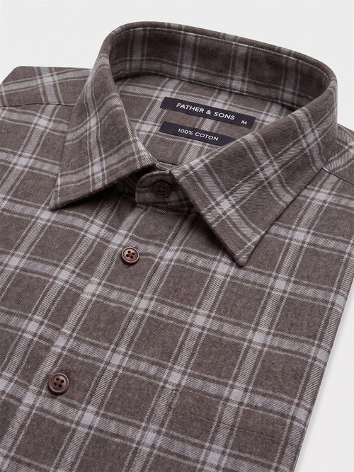 Chemise loose en flanelle de coton marron à carreaux - Father & Sons   - 2 