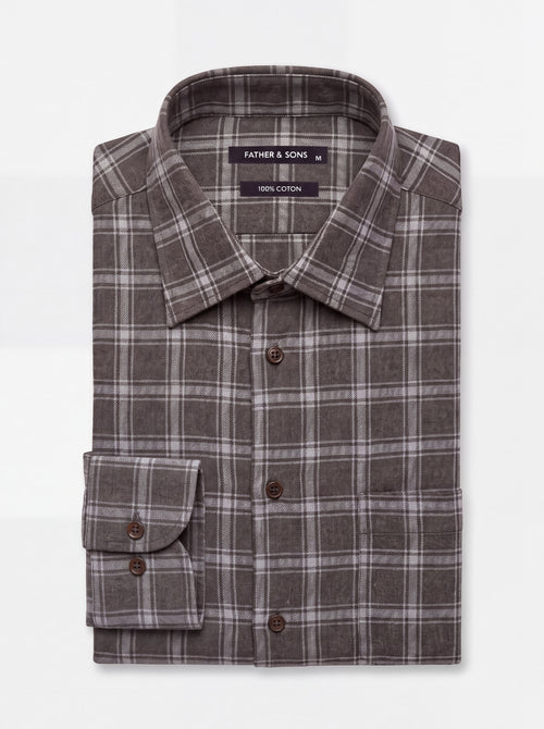 Chemise loose en flanelle de coton marron à carreaux - Father & Sons   - 1 