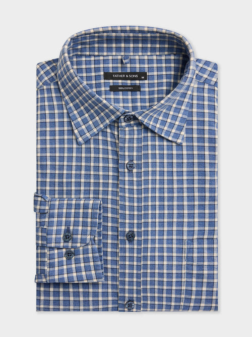 Chemise regular en flanelle de coton bleu jeans à carreaux - Father & Sons   - 1 
