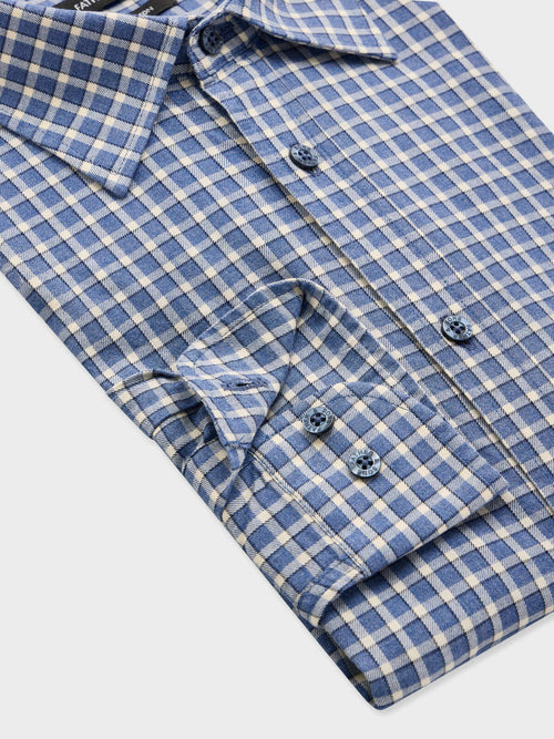 Chemise regular en flanelle de coton bleu jeans à carreaux - Father & Sons   - 3 