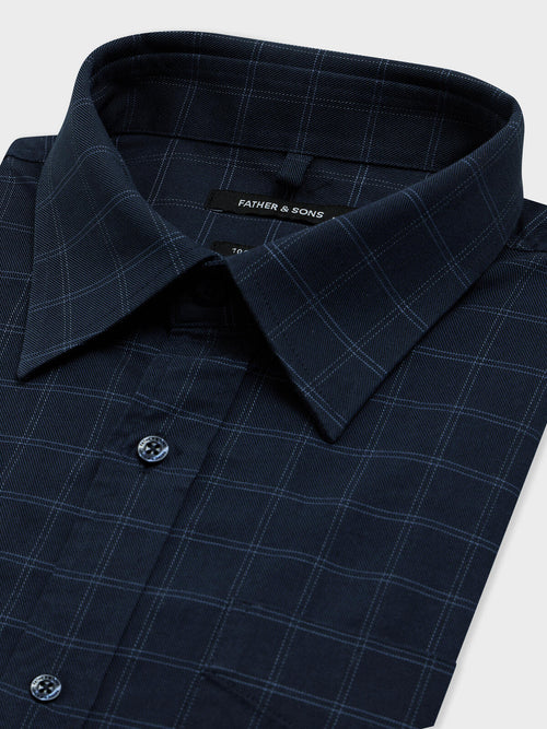Chemise regular en twill de coton bleu marine à carreaux - Father & Sons   - 2 
