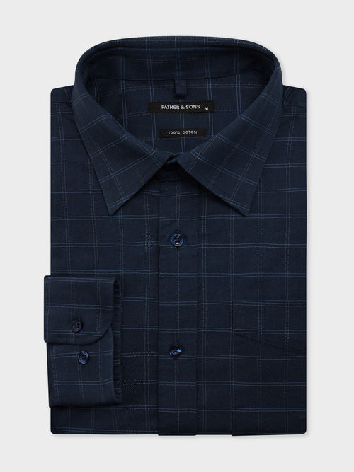 Chemise regular en twill de coton bleu marine à carreaux - Father & Sons   - 1 