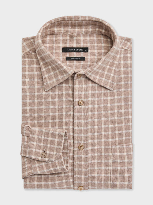 Chemise regular en coton chevron marron à carreaux - Father & Sons   - 1 