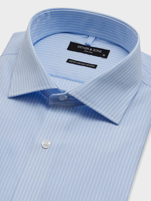 Chemise non-iron slim en popeline de coton bleu ciel à rayures - Father & Sons   - 2 