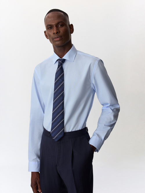 Chemise non-iron slim en popeline de coton bleu ciel à rayures - 1 - Father & Sons   - 1 