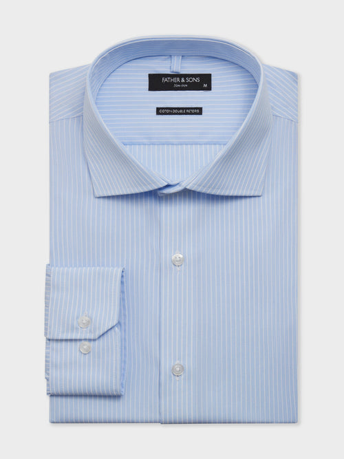 Chemise non-iron slim en popeline de coton bleu ciel à rayures - Father & Sons   - 1 