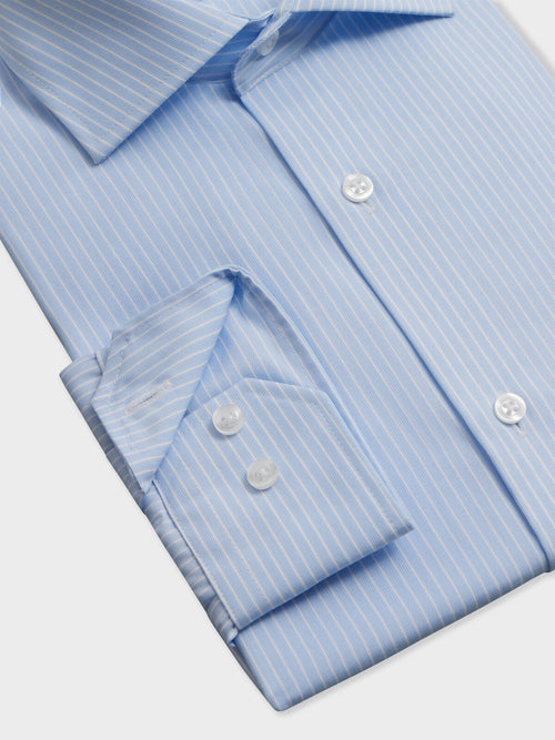 Chemise non-iron slim en popeline de coton bleu ciel à rayures - Father & Sons   - 3 