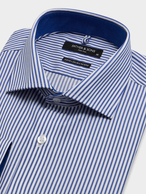 Chemise non-iron slim en popeline de coton bleu indigo à rayures - Father & Sons   - 2 