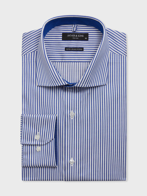 Chemise non-iron slim en popeline de coton bleu indigo à rayures - Father & Sons   - 1 