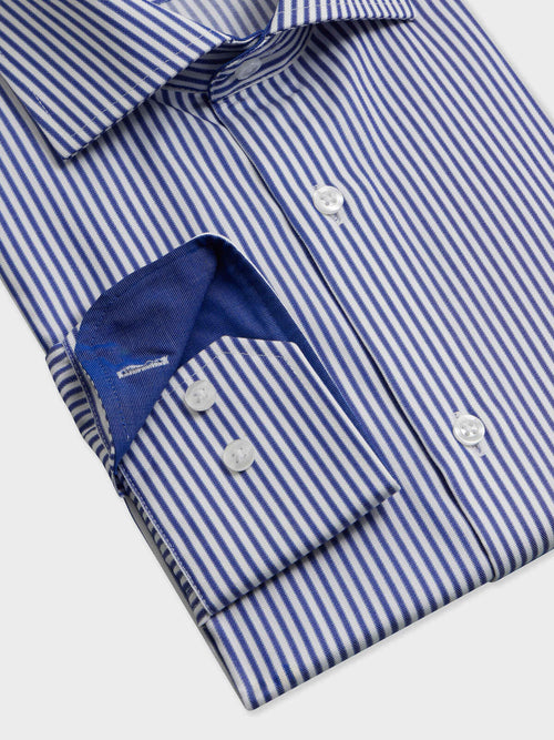 Chemise non-iron slim en popeline de coton bleu indigo à rayures - Father & Sons   - 3 