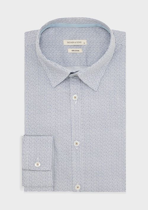 Chemise sport Slim en popeline de coton blanc à motif fantaisie bleu - 1 - Father & Sons   - 17 