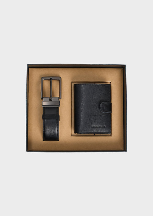 Coffret cadeau ceinture ajustable et portefeuille en cuir noir - 1 - Father & Sons   - 2 